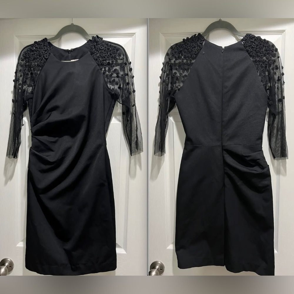 HOT Lela Rose Embellished Beaded Mesh Sleeve Ruched Sheath Black Dress $1695+! - Picture 6 of 12